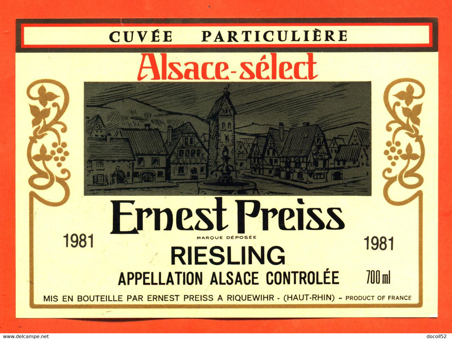 Etiquette Ancienne Neuve De Vin D'alsace Select Riesling Cuvée Particulière 1981 Ernest Preiss à Riquewihr - 70 Cl - Riesling