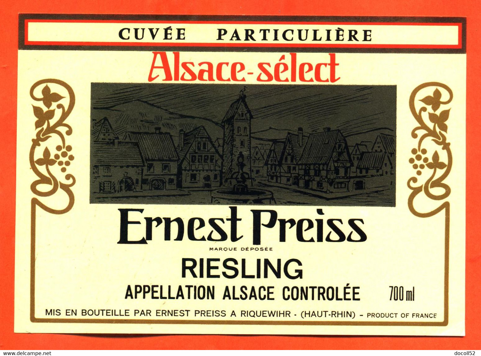 Etiquette Ancienne Neuve De Vin D'alsace Select Riesling Cuvée Particulière Ernest Preiss à Riquewihr - 70 Cl - Riesling