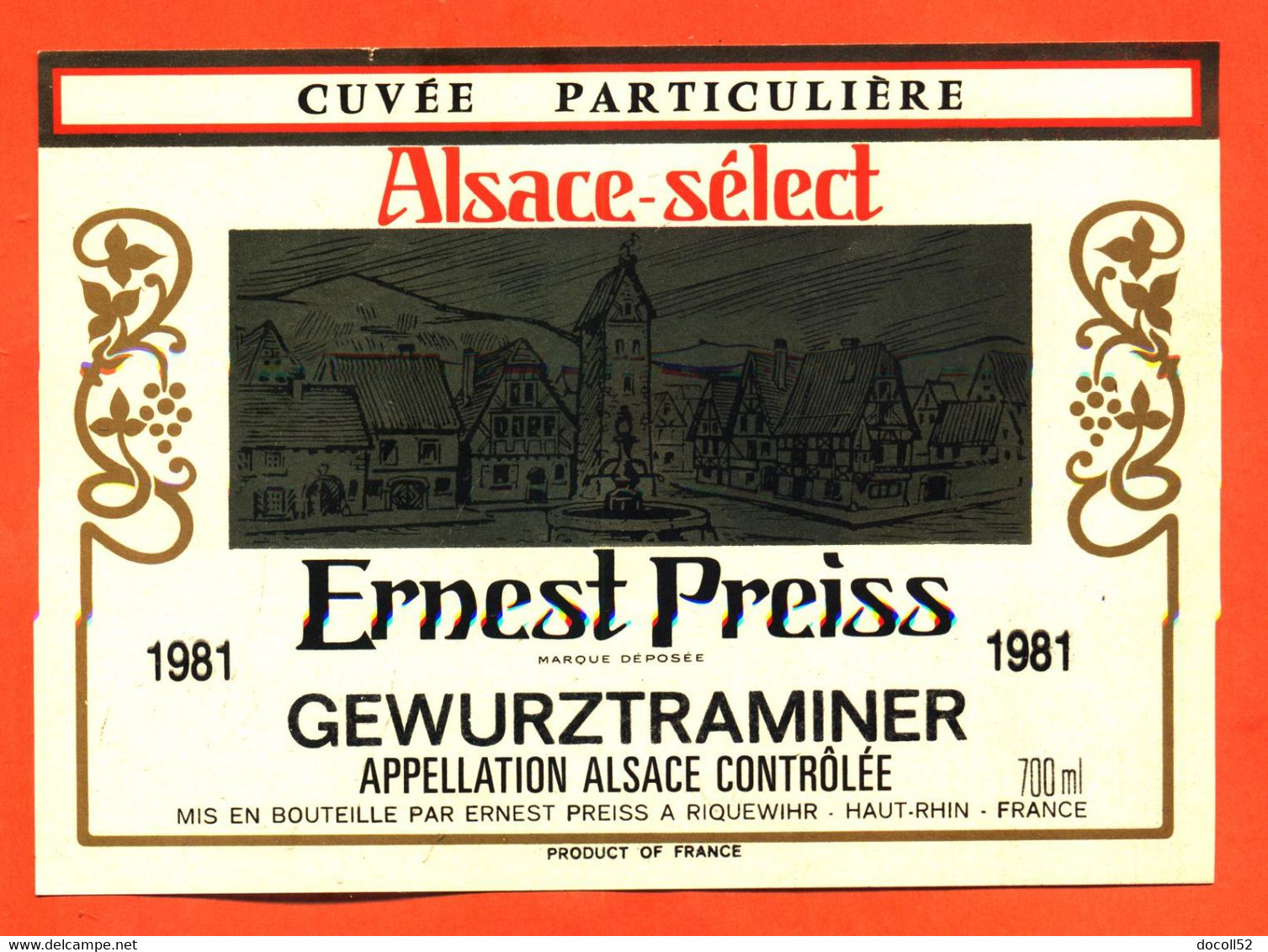 Etiquette Ancienne Neuve De Vin D'alsace Select Gewurztraminer 1981 Cuvée Particulière Ernest Preiss à Riquewihr - 70 Cl - Gewurztraminer