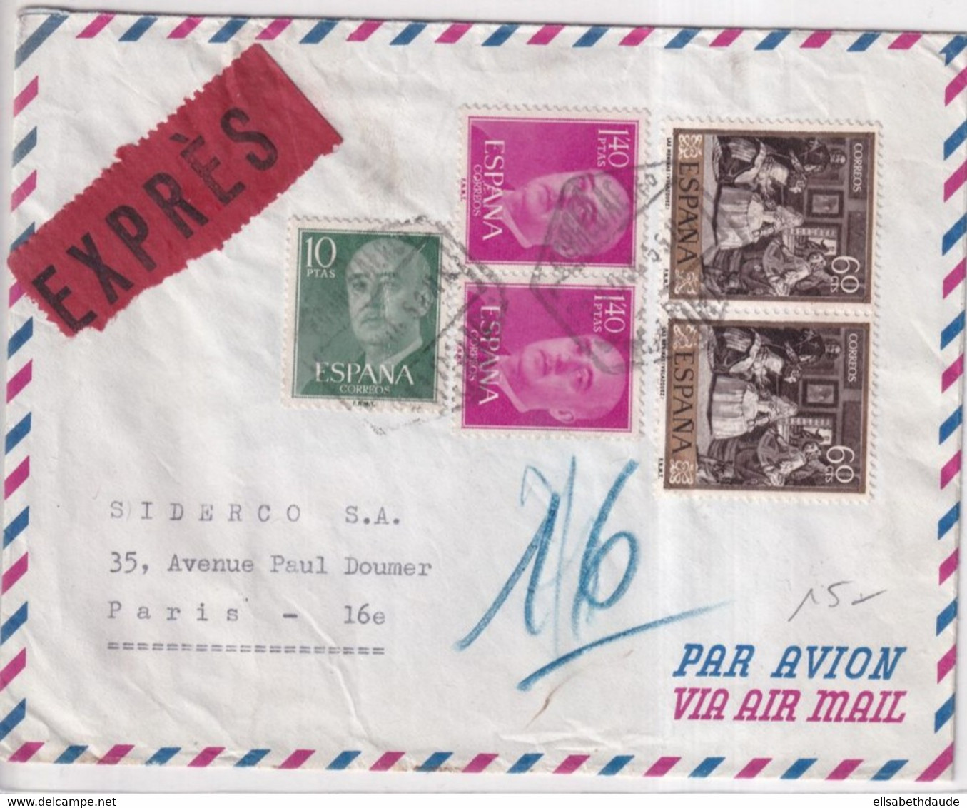 1959 - ESPAGNE - ENVELOPPE EXPRES ! De MADRID => PARIS Avec 3 CACHETS PNEUMATIQUES AU DOS ! - Cartas & Documentos