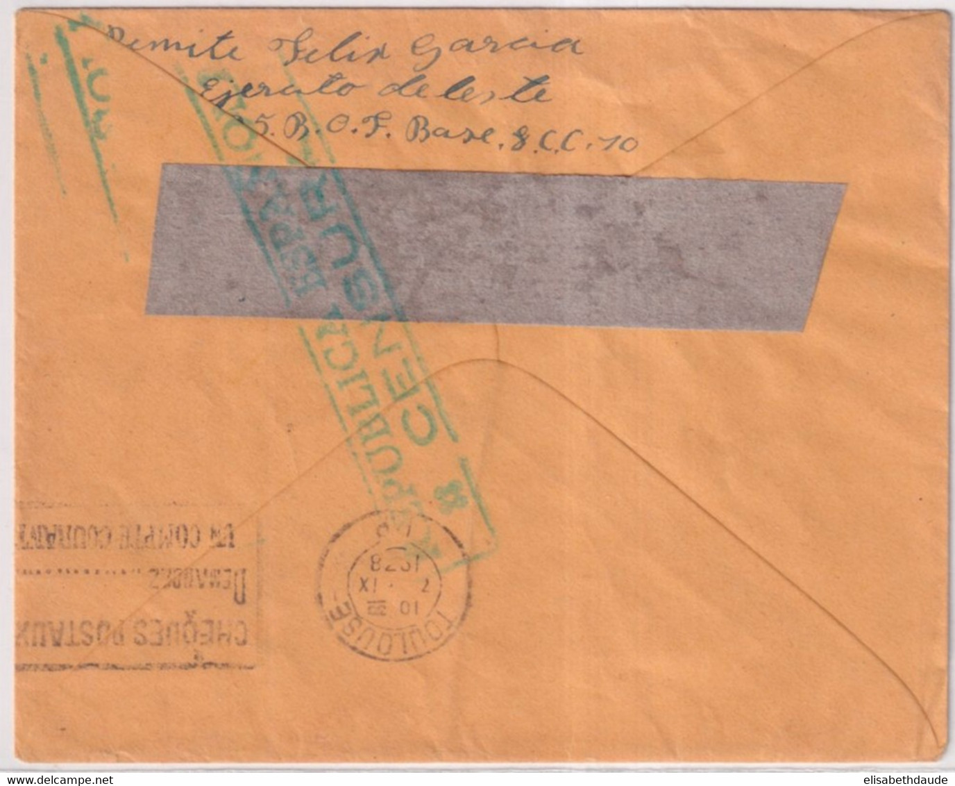 1936 - ESPAGNE - RARE ENVELOPPE Avec CENSURE De POSTE DE CAMPAGNE ! FORTIFICATIONS 25 B.O.F BASE 8.C.C.10 => TOULOUSE - Bolli Di Censura Repubblicana