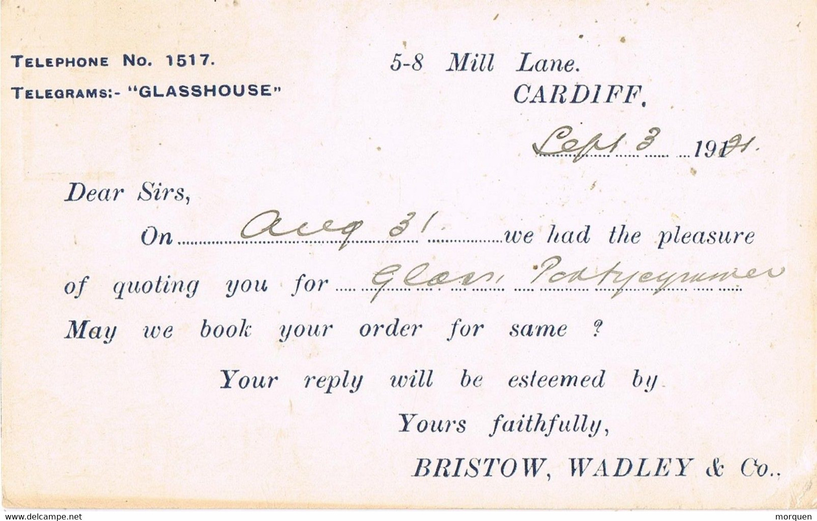 43814. Tarjeta Privada CARDIFF (England) 1931. Comercial Bristow, Wadley And Co - Cartas & Documentos