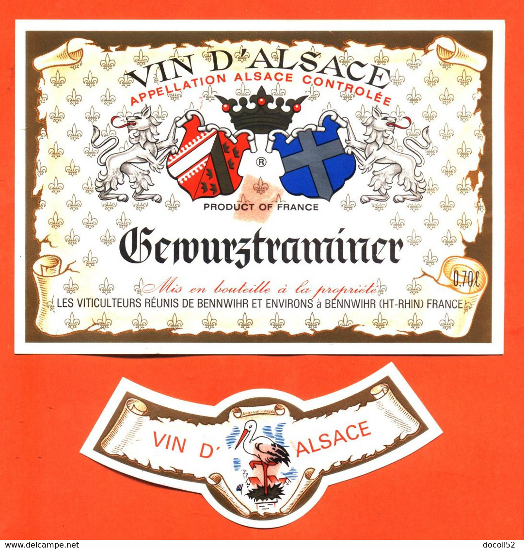 Etiquette + Collerette Ancienne Neuve De Vin D'alsace Gewurztraminer Viticulteurs De Bennwihr - 70 Cl - Cigogne - Gewürztraminer