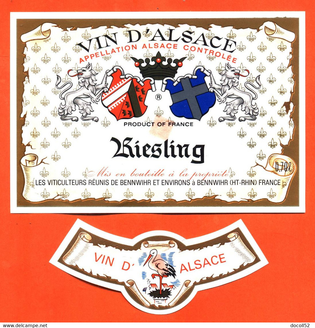 Etiquette + Collerette Ancienne Neuve De Vin D'alsace Riesling Viticulteurs De Bennwihr - 70 Cl - Cigogne - Riesling