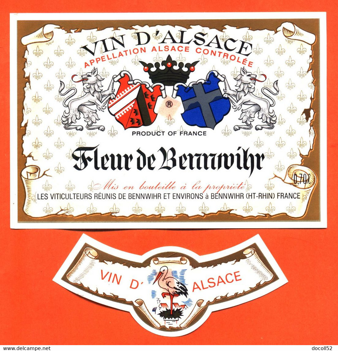 Etiquette + Collerette Ancienne Neuve De Vin D'alsace Fleur De Bennwihr Viticulteurs De Bennwihr - 70 Cl - Cigogne - Riesling