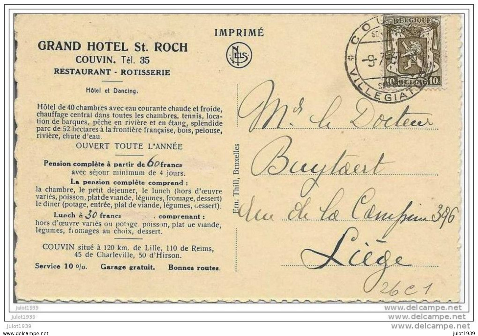 COUVIN ..-- Hotel St - Roch . 1937 Vers LIEGE ( Mr Le  Docteur BUYTAERT ) . Voir Verso . - Couvin