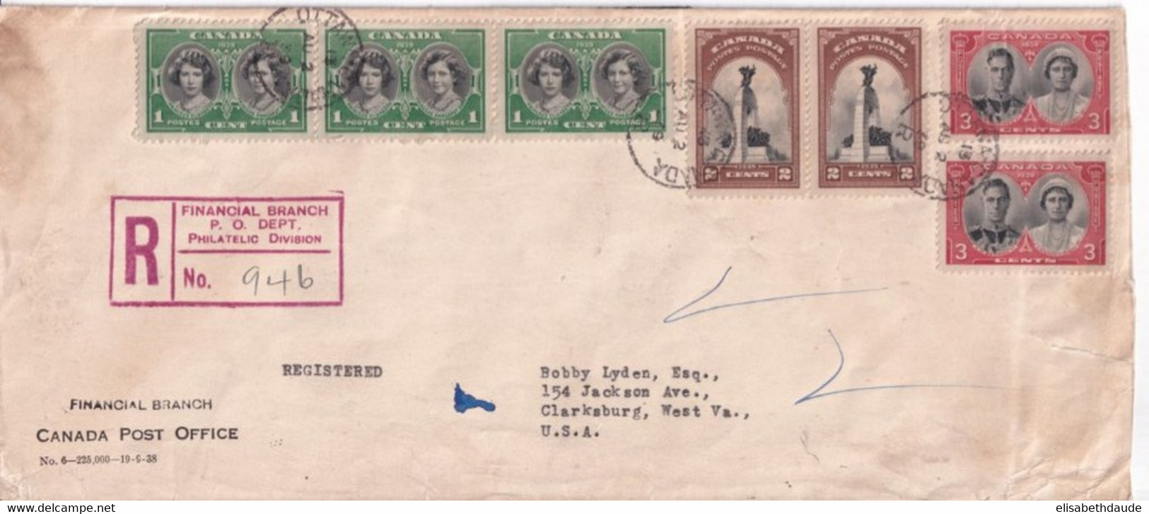 1939 - CANADA - ENVELOPPE GF RECOMMANDEE De OTTAWA => CLARKSBURG (WEST VIRGINIA - USA) - Lettres & Documents