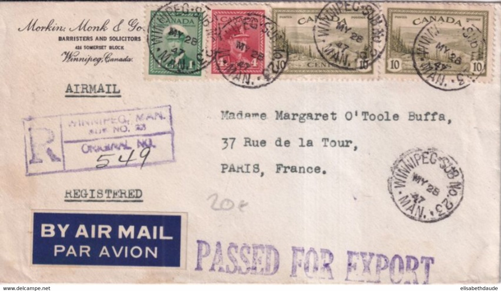 1947 - CANADA - ENVELOPPE RECOMMANDEE De WINNIPEG "PASSED FOR EXPORT" ! => PARIS - Storia Postale