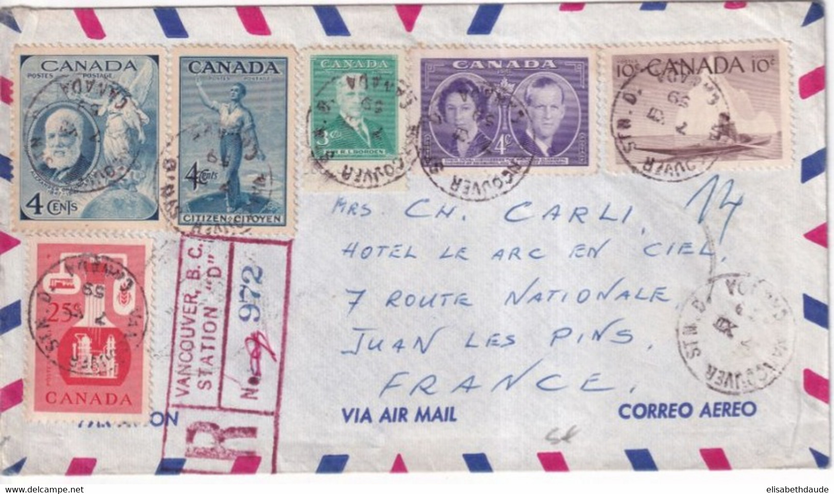 1959 - CANADA - ENVELOPPE RECOMMANDEE De VANCOUVER DOUANE AU DOS ! => JUAN LES PINS - Brieven En Documenten