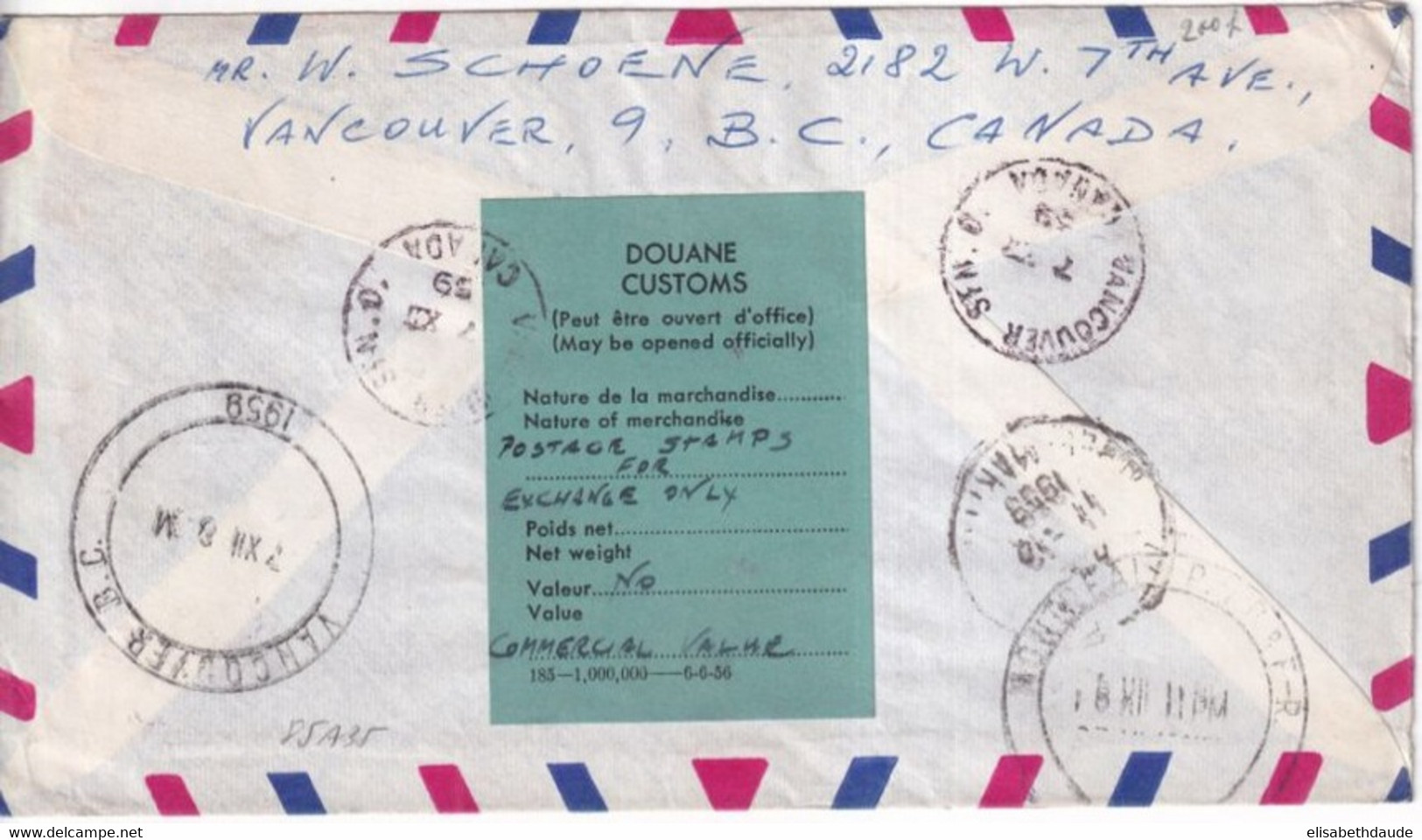 1959 - CANADA - ENVELOPPE RECOMMANDEE De VANCOUVER DOUANE AU DOS ! => JUAN LES PINS - Cartas & Documentos