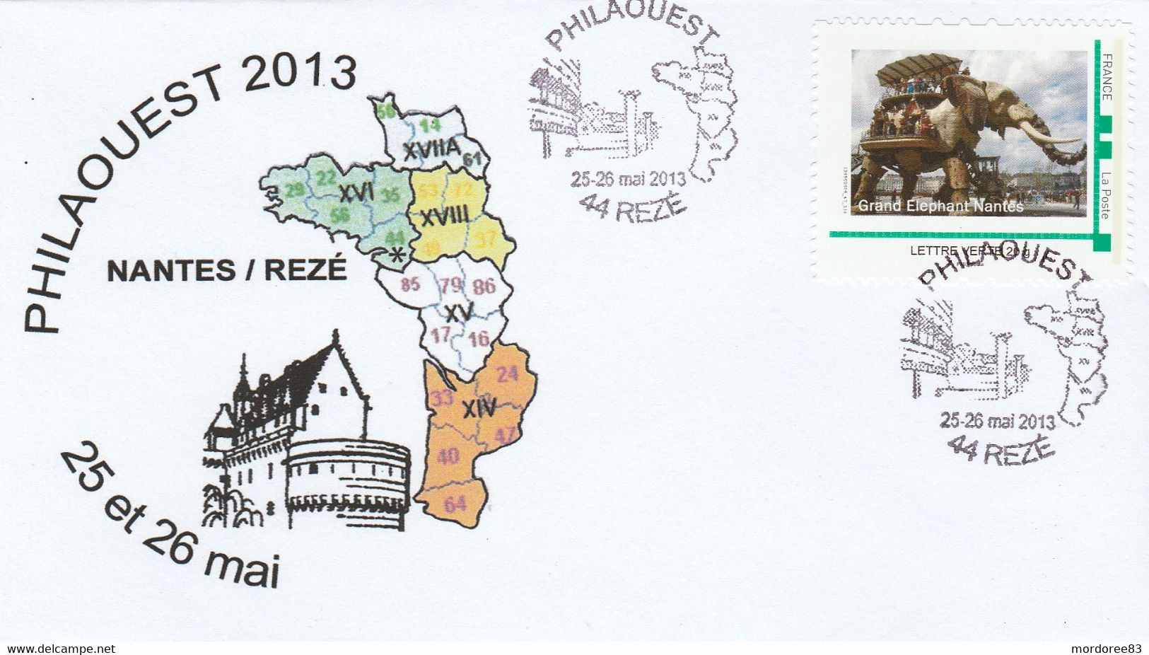 PHILAOUEST 2013 REZE MONTIMBRAMOI GRAND ELEPHANT NANTES SUR ENVELOPPE ENTIERE - Covers & Documents