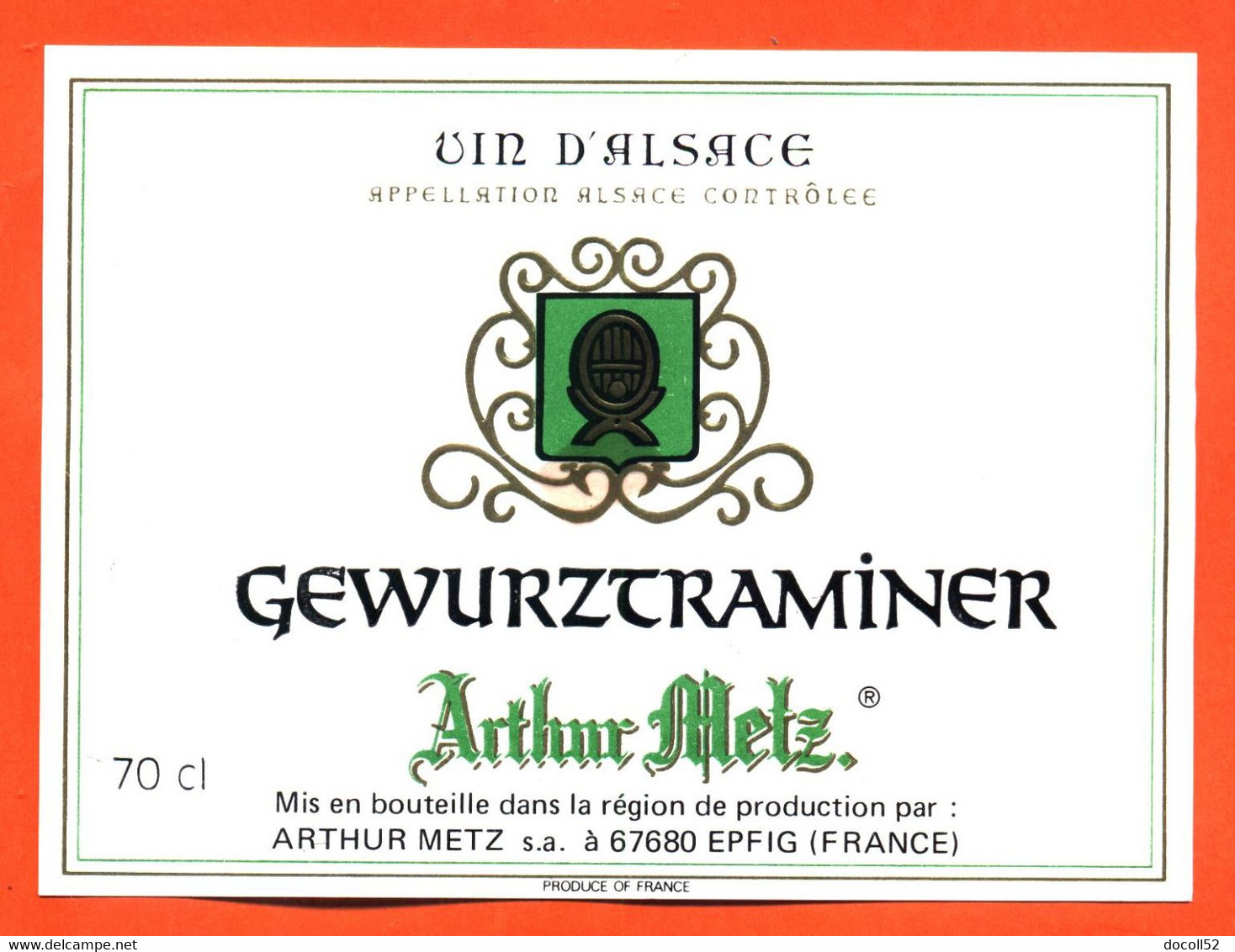 Etiquette Neuve De Vin D'alsace Gewurztraminer Ets Arthur Metz à Epfig - 70 Cl - Gewürztraminer