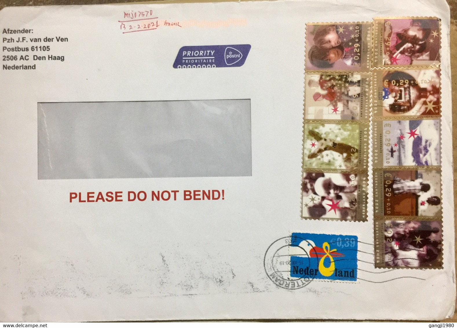 NETHERLANDS 2021, USED AIRMAIL COVER TO INDIA 10 STAMPS USED 2004, SELF ADHESIVE 8 STAMPS WITHOUT ROTTERDAM CANCELLATION - Brieven En Documenten