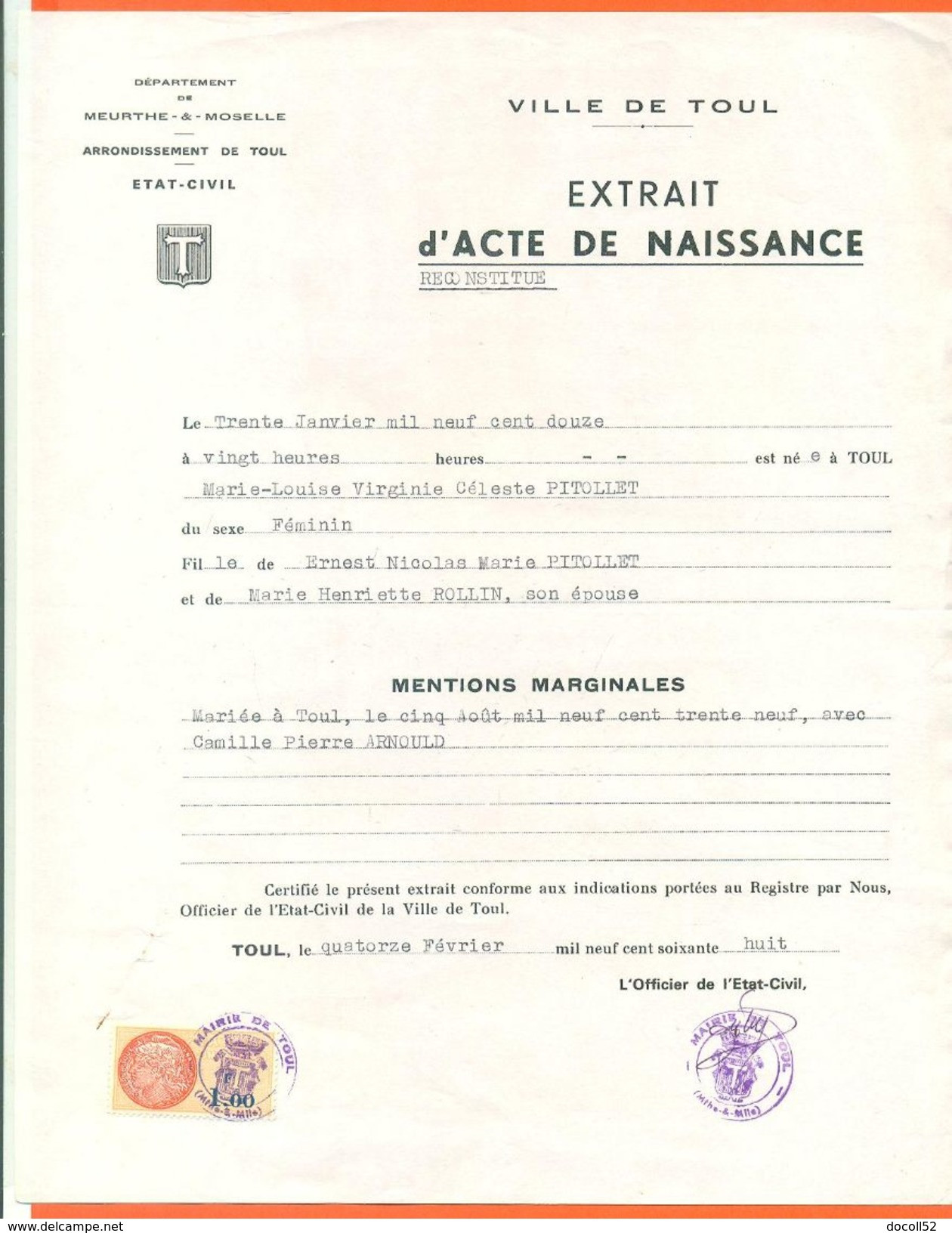 54 Toul - Généalogie - Extrait Acte De Naissance En 1912 - Timbre Fiscal - VPAN 2 - Naissance & Baptême