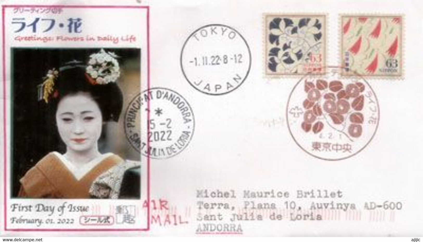 2022. Greetings: Flowers In Daily Life , Lettre De Tokyo Adressée Andorra (Principality) Avec Timbre à Date Local - Lettres & Documents