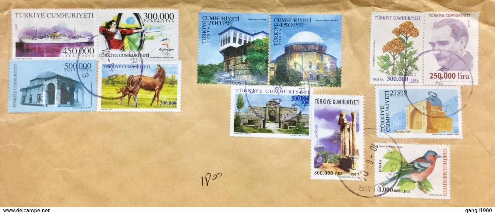 TURKEY 2004, REGISTERED AIRMAIL,ASAPOR TO INDIA 12 STAMPS USED COVER,BIRD,HORSE,ARCHING ,SHIP,MOSQUE FLOWER,ARCHITECTUR, - 1934-39 Sandjak D'Alexandrette & Hatay