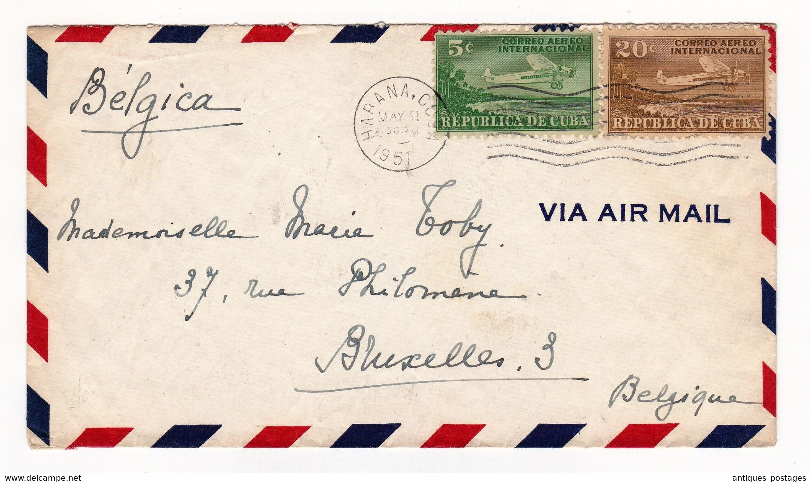 Lettre 1851 Habana Republica De Cuba La Havane Poste Aérienne Correo Aero Bruxelles Belgique Toby - Poste Aérienne