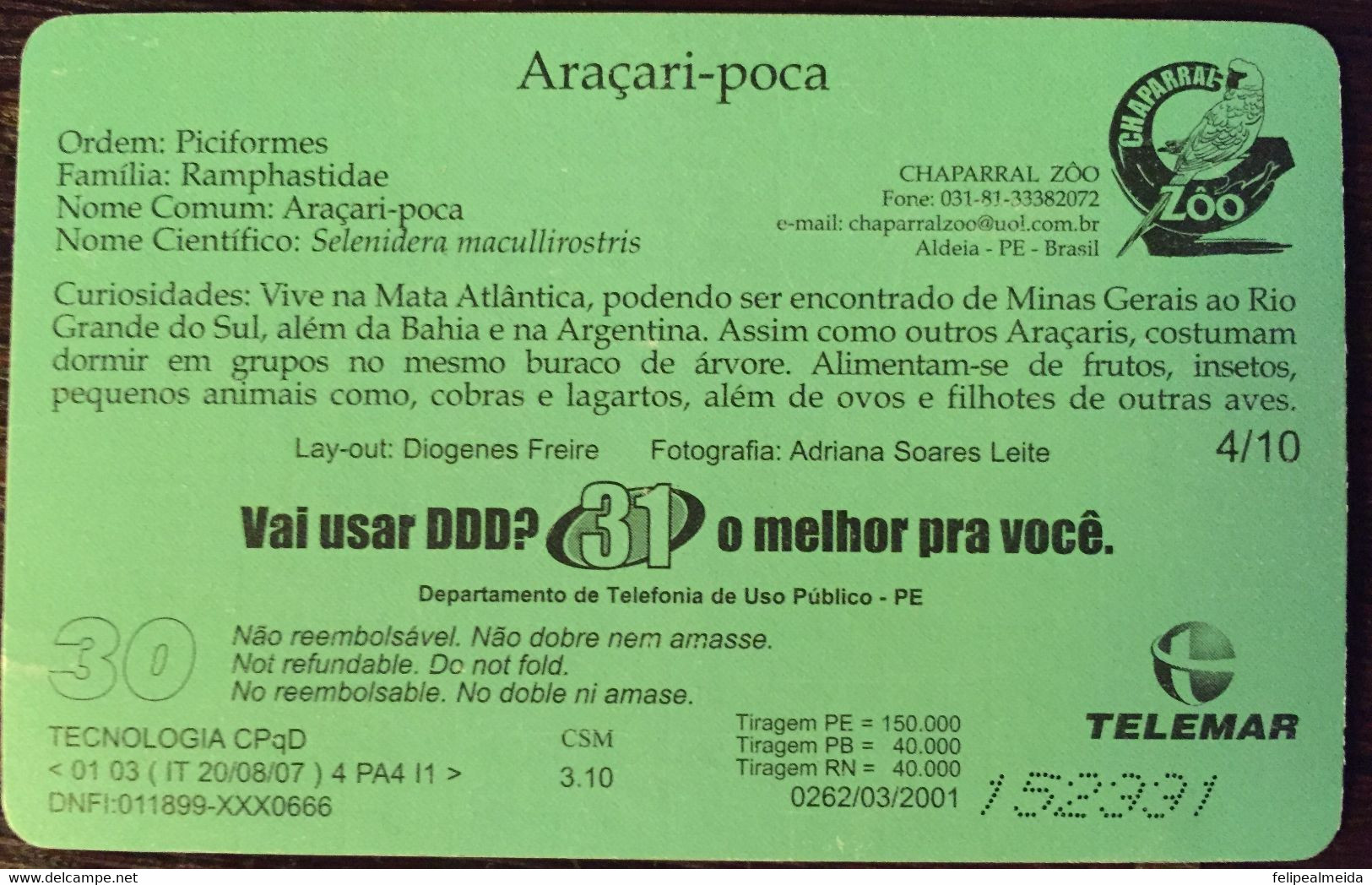 Phone Card Manufactured By Telemar In 2001 - Birds Special Series - Araçari-poca Species - Arenden & Roofvogels