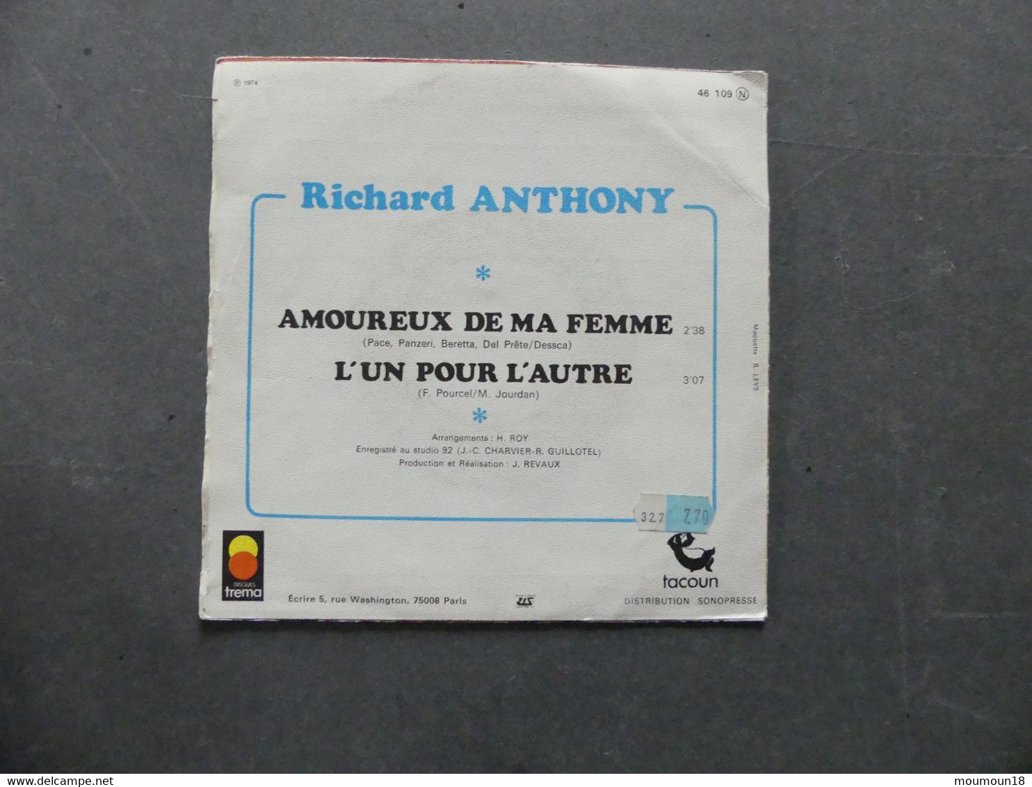 Richard Anthony Amoureux De Ma Femme 46109 Voir Centre Disque - 45 T - Maxi-Single