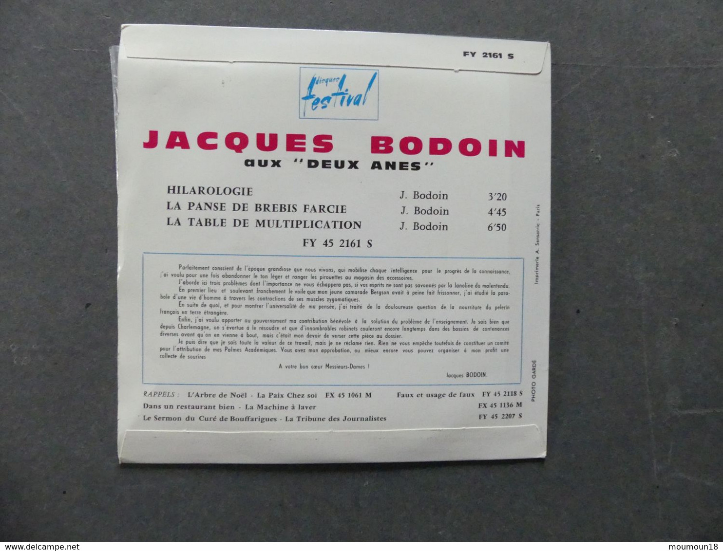 Jacques Bodoin FY 45 21615 Festival - 45 T - Maxi-Single