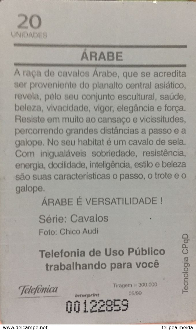 Phone Card Manufactured By Brasil Telefonica In 1999 Special Series Horses - This Card Depicts The Arabian Horse - Pferde