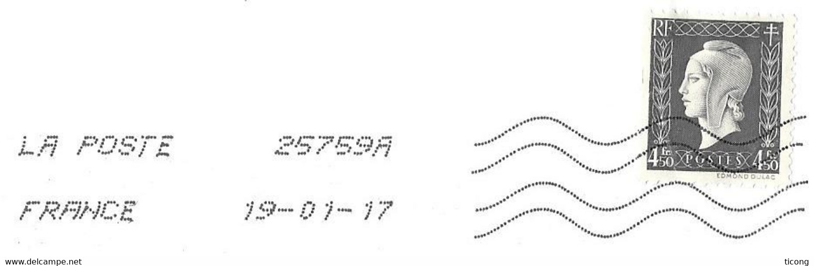 CURIOSITE DE 2017, MARIANNE DE DULAC ( LE 4,50 FRS ) DE 1945 SEUL SUR LETTRE FLAMME LA POSTE 2017, VOIR LES SCANNERS - Lettres & Documents