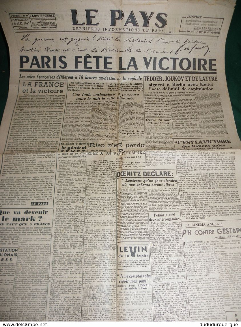 PARIS FETE LA VICTOIRE, LA FRANCE ET LA VICTOIRE , TEDDER JOUKOV ET DE LATTRE SIGNENT A BERLIN ..... - Otros & Sin Clasificación