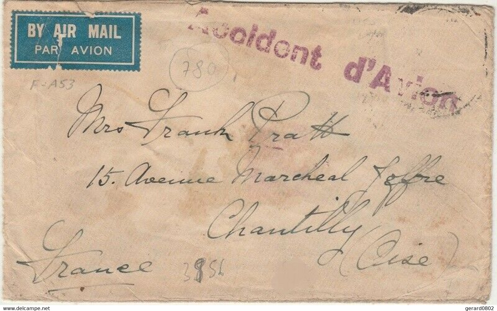 LETTRE PAR AVION A DESTINATION DE CHANTILLY ACCIDENTEE - 1936 - Lettres Accidentées