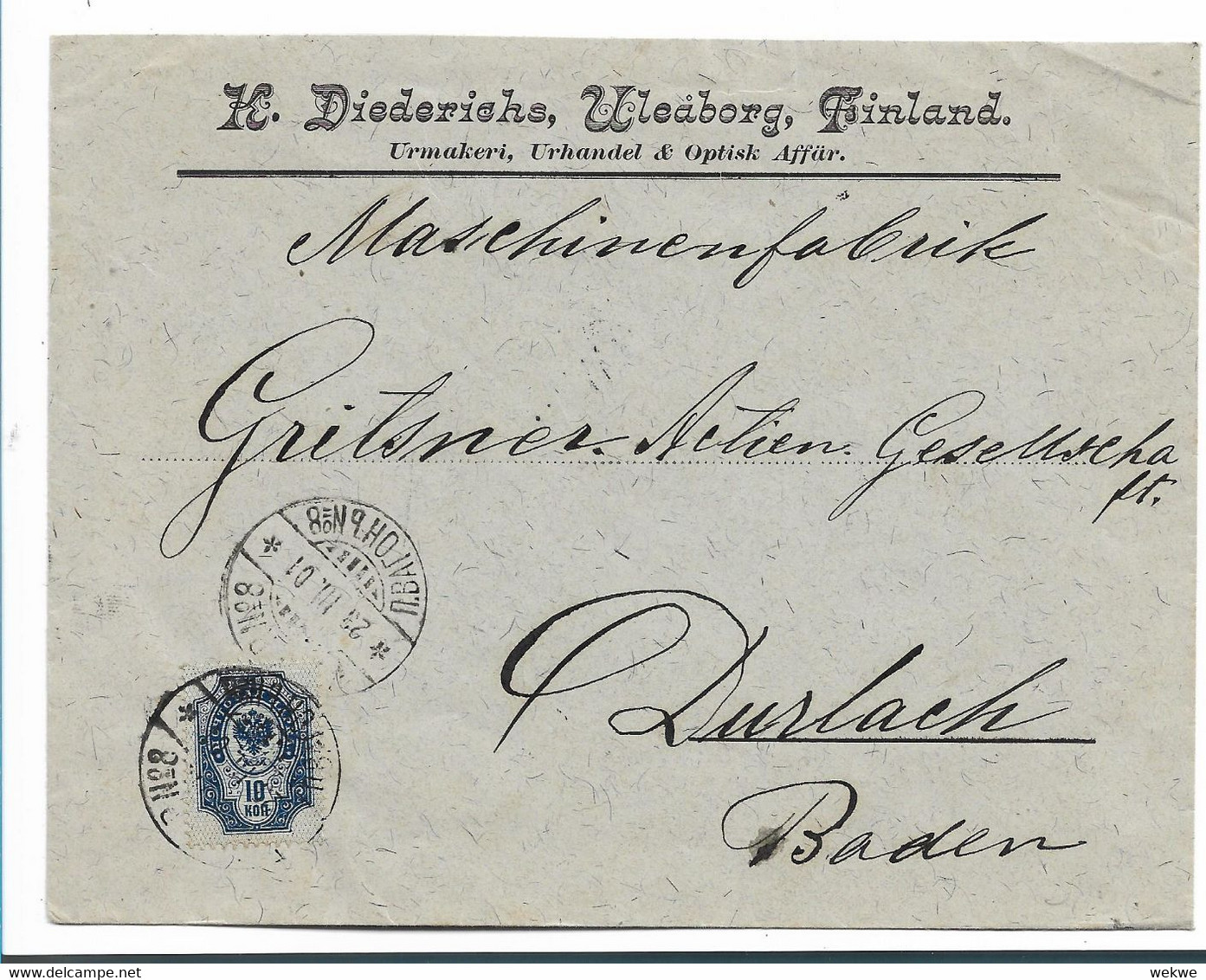 Fin001 / FINNLAND - Uleaborg Nach Durlach 1901, 10 Kom,.  (UHRENMOTIV) - Lettres & Documents