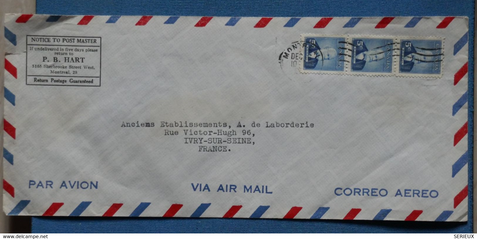 AR9 CANADA    BELLE LETTRE  1950 PAR AVION  MONTREAL POUR IVRY SEINE FRANCE  +BANDE DE 3 TP++ AFFRANCH . PLAISANT - Lettres & Documents