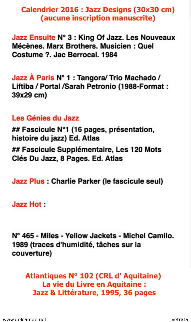 JAZZ : 3 Revues - 3 fascicules & 12 photos (Jazz Hot Gallery, 20 x 29 cm)  (Revues : Jazz Hot/Jazz Ensuite/Jazz à Paris)