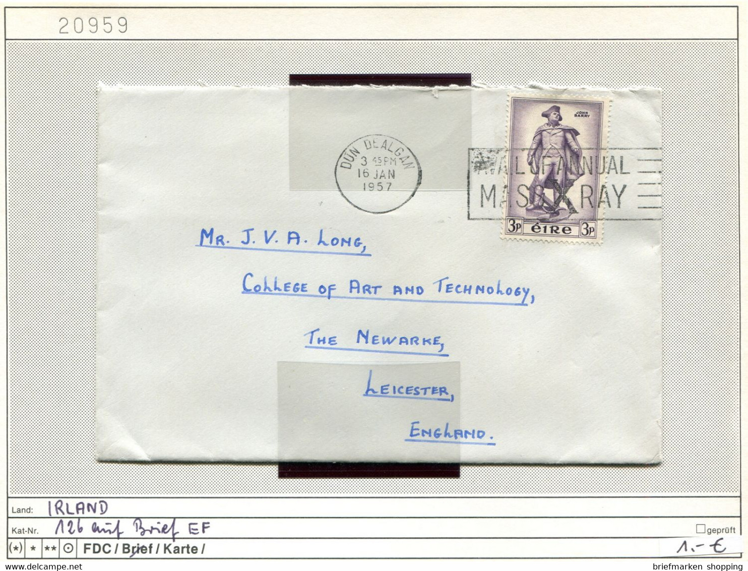 Irland 1955 - Eire 1955 - Michel 126 Auf/on/sur Brief/letter/lettre - Oo Oblit. Used Gebruikt - Briefe U. Dokumente