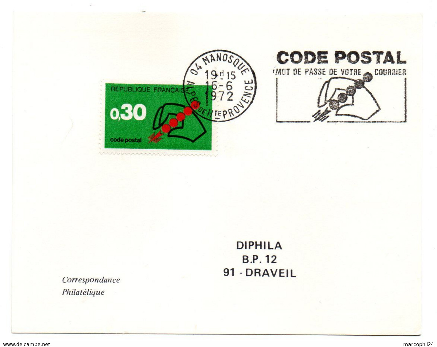 ALPES De HP - Dépt N° 04 = MANOSQUE 1972 = FLAMME CONCORDANTE SUPERBE = SECAP Illustrée   'CODE POSTAL / MOT DE PASSE ' - Zipcode