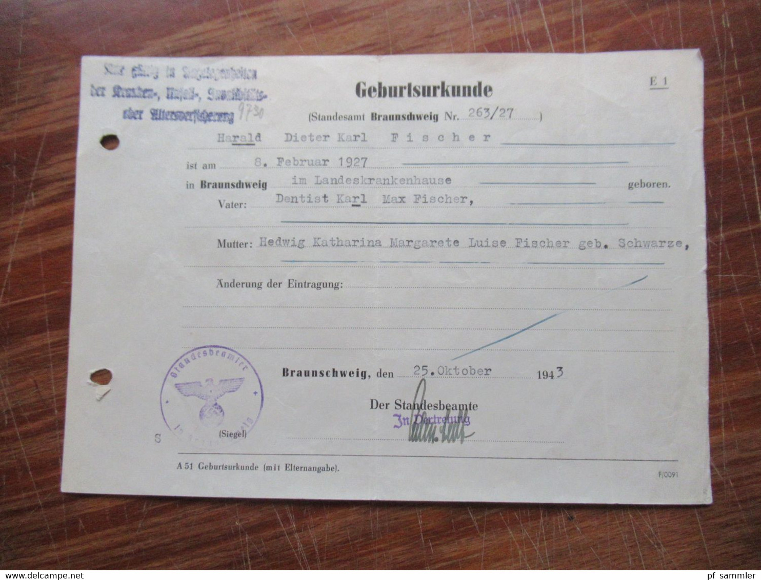 3.Reich Dokument 1943 Geburtsurkunde Der Standesbeamte In Schleusingen Mit Dienststempel - Historical Documents