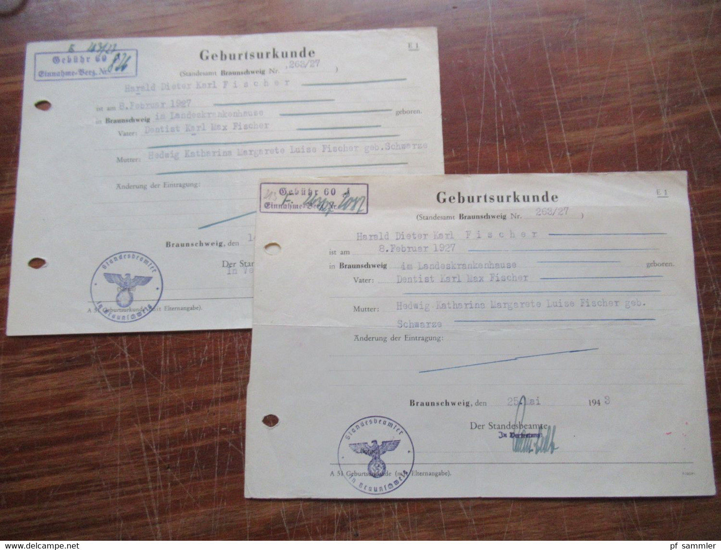 3.Reich Dokument 1943 Geburtsurkunde Der Standesbeamte In Braunschweig Mit Dienststempel Vater Dentist Gebühr 60 - Historical Documents