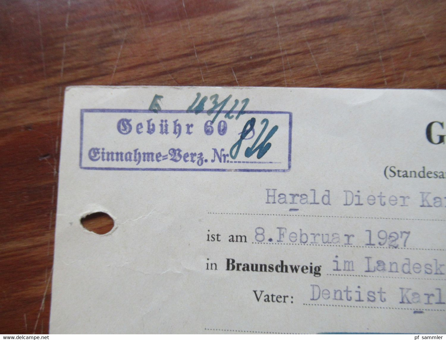 3.Reich Dokument 1943 Geburtsurkunde Der Standesbeamte In Braunschweig Mit Dienststempel Vater Dentist Gebühr 60 - Historical Documents