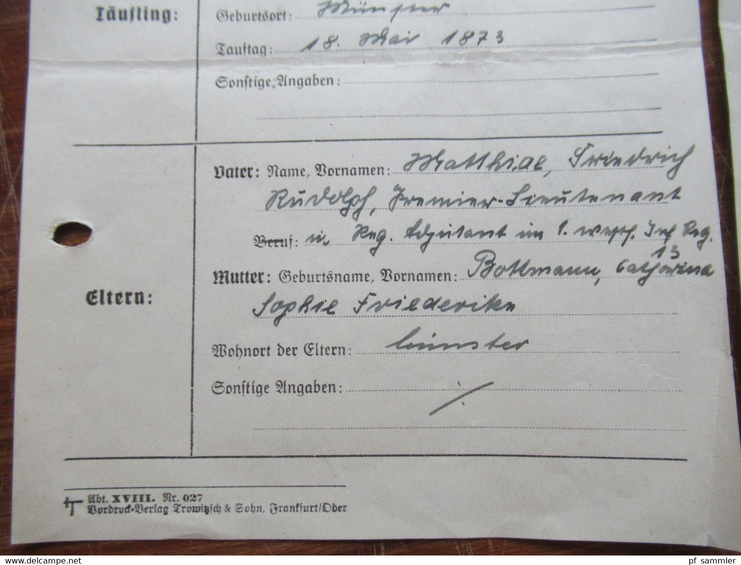 Dokumente Auszug Aus Taufregister Münster 1943 Jahrgang 1873 Vater Lieutnant Und Regimentsadjutant 1. Westf. Inf. Rgt. - Historical Documents