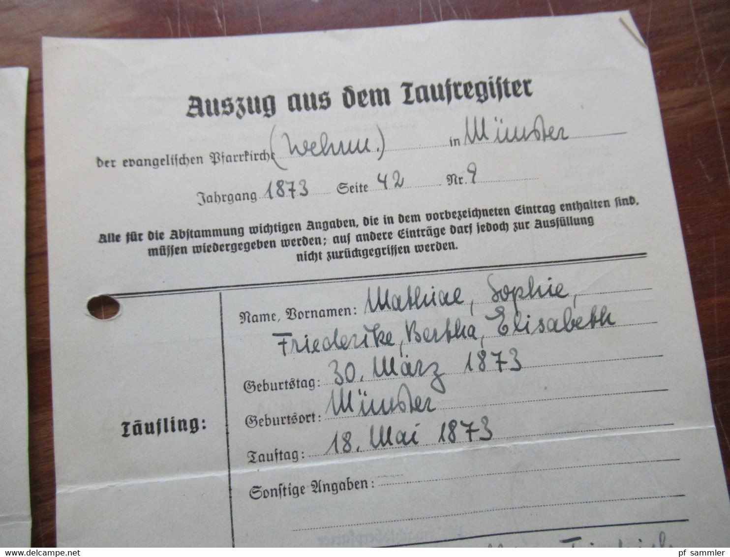 Dokumente Auszug Aus Taufregister Münster 1943 Jahrgang 1873 Vater Lieutnant Und Regimentsadjutant 1. Westf. Inf. Rgt. - Historical Documents