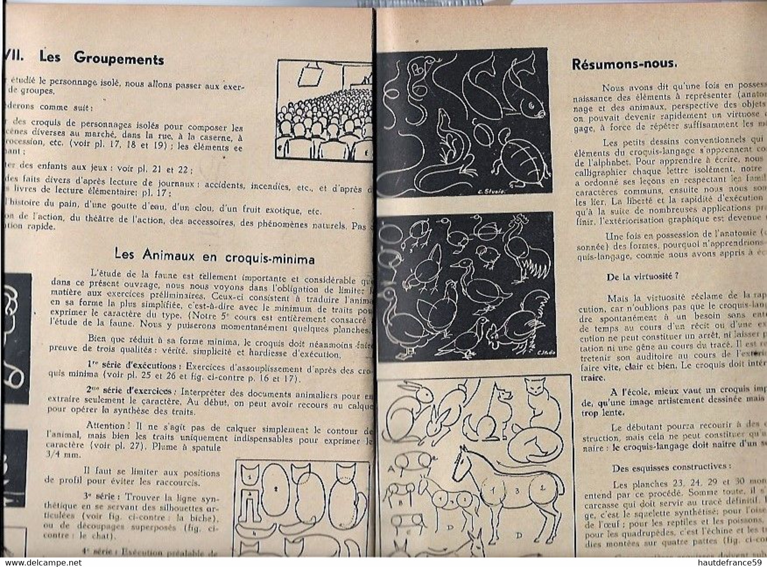 enseignement du dessin COURS STUDIO  1937 LE CROQUIS RATIONEL cours II - La Louvière Belgique nombreux dessins schémas