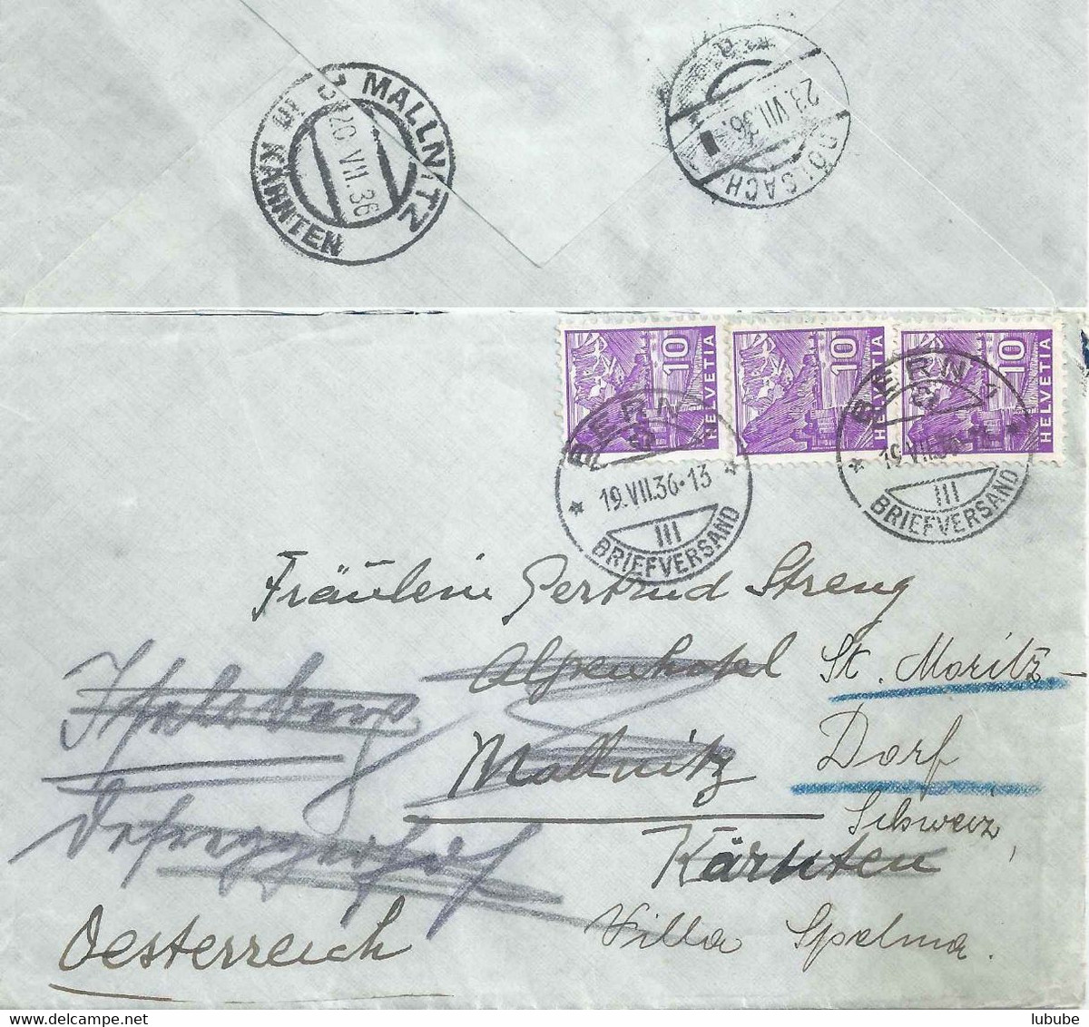 Brief  Bern - Mallnitz - Iselsberg - St.Moritz           1936 - Briefe U. Dokumente