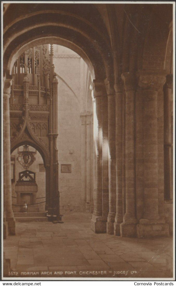 Norman Arch And Font, Chichester Cathedral, 1920 - Judges RP Postcard - Chichester