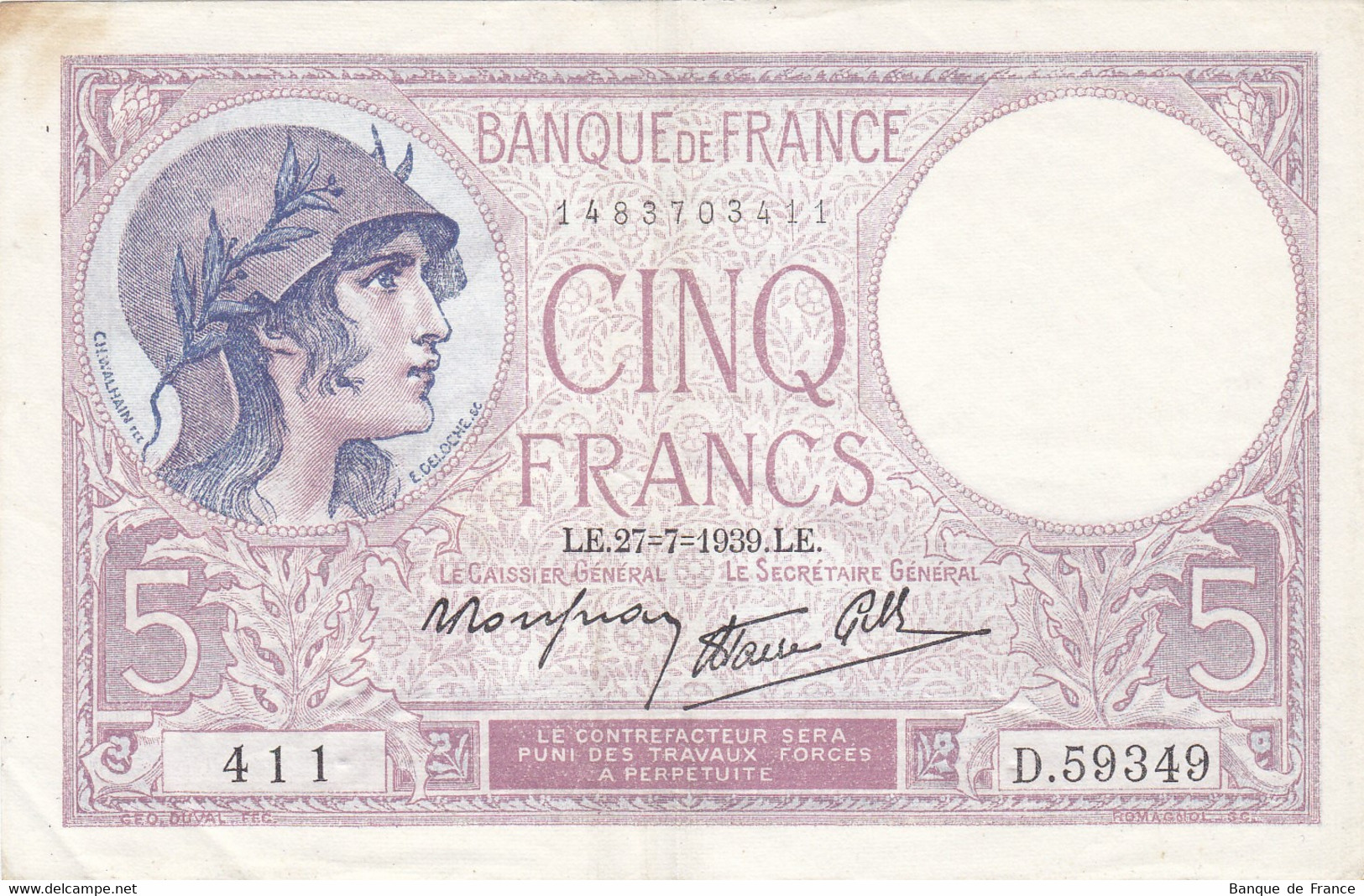 Billet 5 F Violet Du 27-7-1939 FAY 04.03 Alph. D.59349 - SANS épinglage - 5 F 1917-1940 ''Violet''