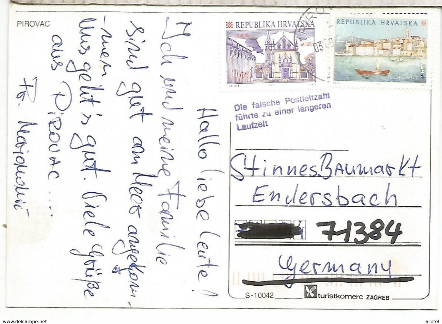 CROACIA TP A ALEMANIA MARCA CODIGO POSTAL INCORRECTO WRONG POSTAL CODE - Postleitzahl