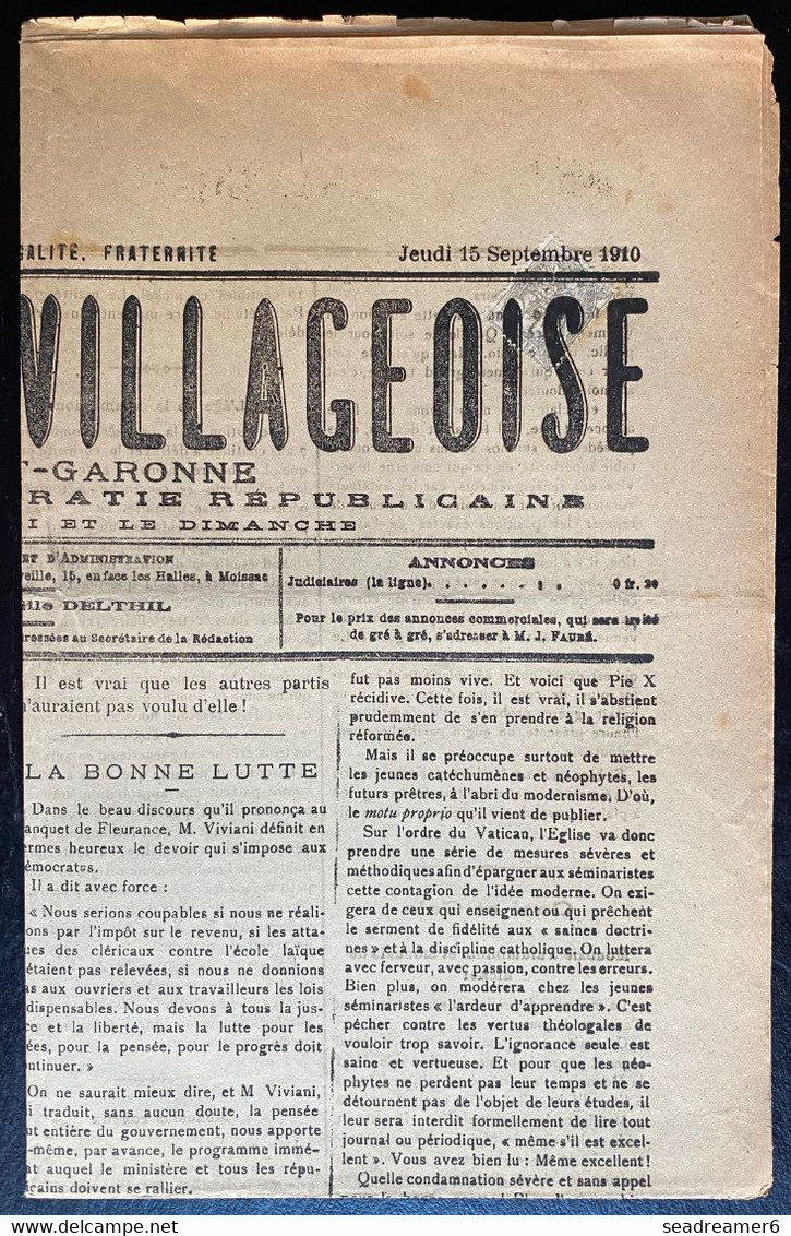 1 C BLANC N° 107 Obl TYPOGRAPHIQUE Sur JOURNAL ENTIER La Feuille Villageoise 15 Septembre 1910 Tarn Et Garonne - 1900-29 Blanc