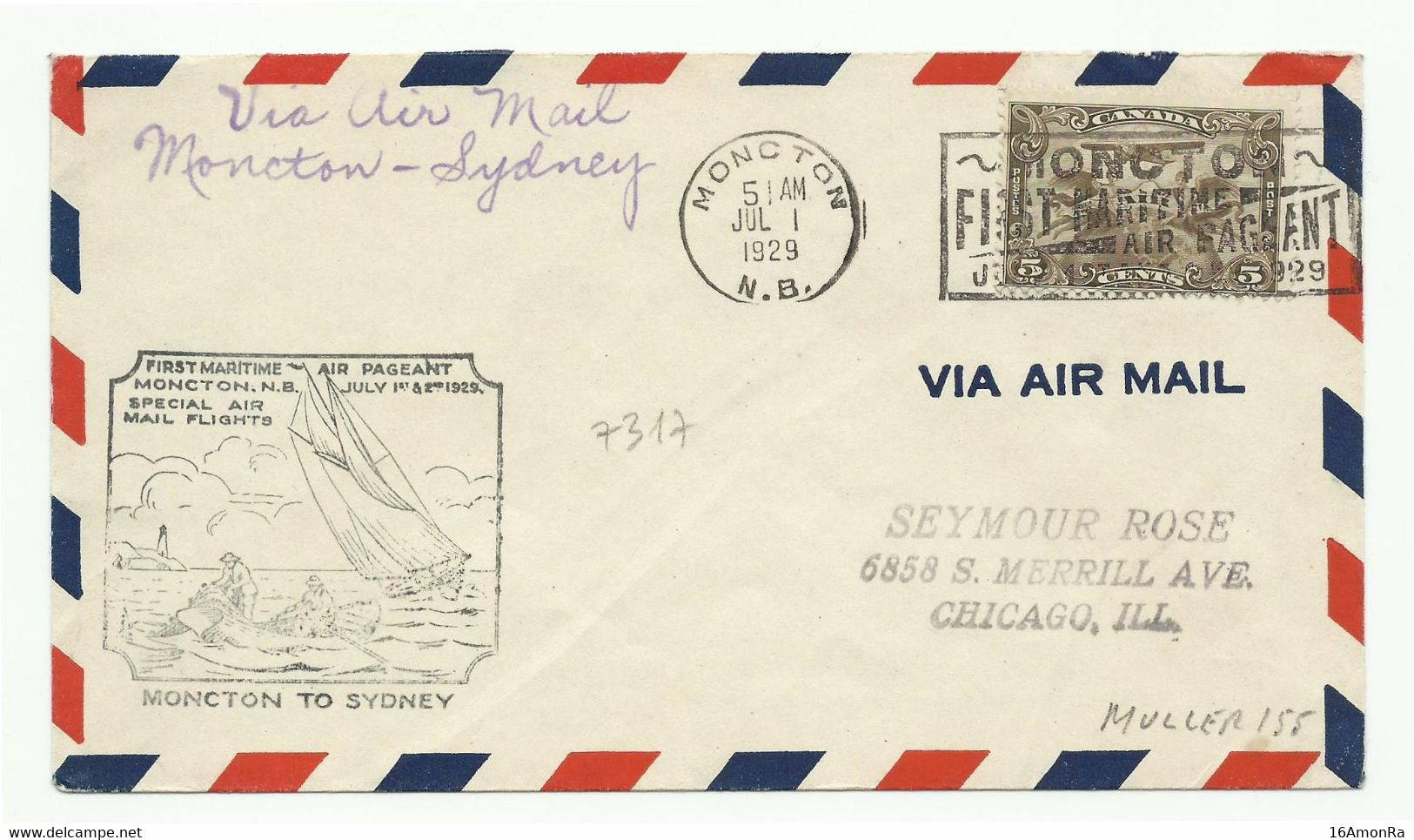 Muller 155 - Cover Fr. 5c. Canc. MONCTON 1 Jul. 1929 To Chicago + First Maritime Air Pageant Moncton Special Air Flight - Airmail