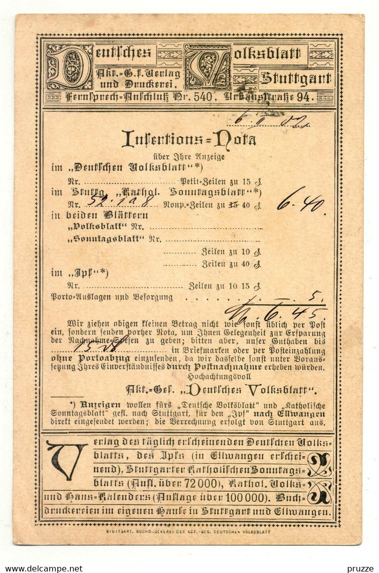 Ganzsache Mit Zudruck, Dt. Volksblatt Stuttgart 1902 Nach Wellendingen Bei Rottweil - Andere & Zonder Classificatie