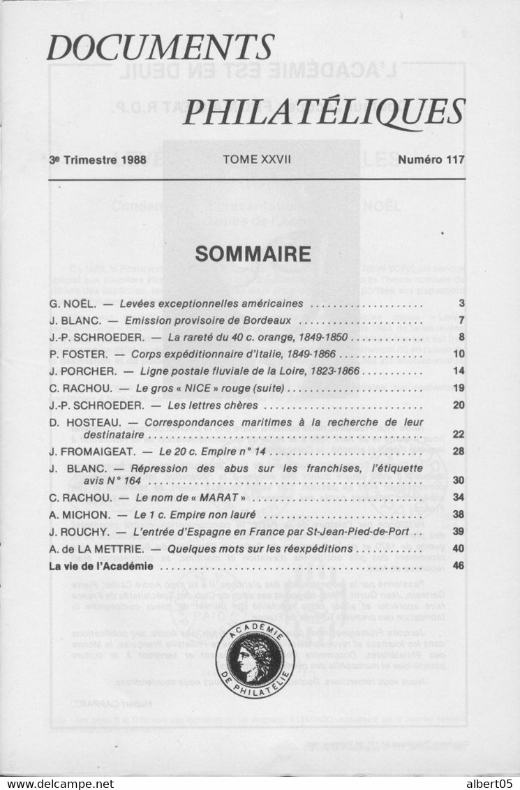 Revue  De L' Académie De Philatélie - Documents Philatéliques N° 117 - 3 ème Trimestre 1988 - Avec Sommaire - Philatelie Und Postgeschichte