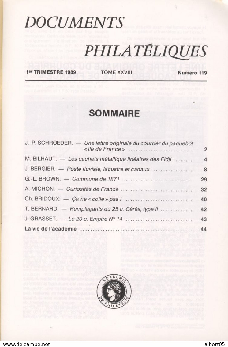 Revue  De L' Académie De Philatélie - Documents Philatéliques N° 119 - 1er Trimestre 1989 - Avec Sommaire - Filatelie En Postgeschiedenis