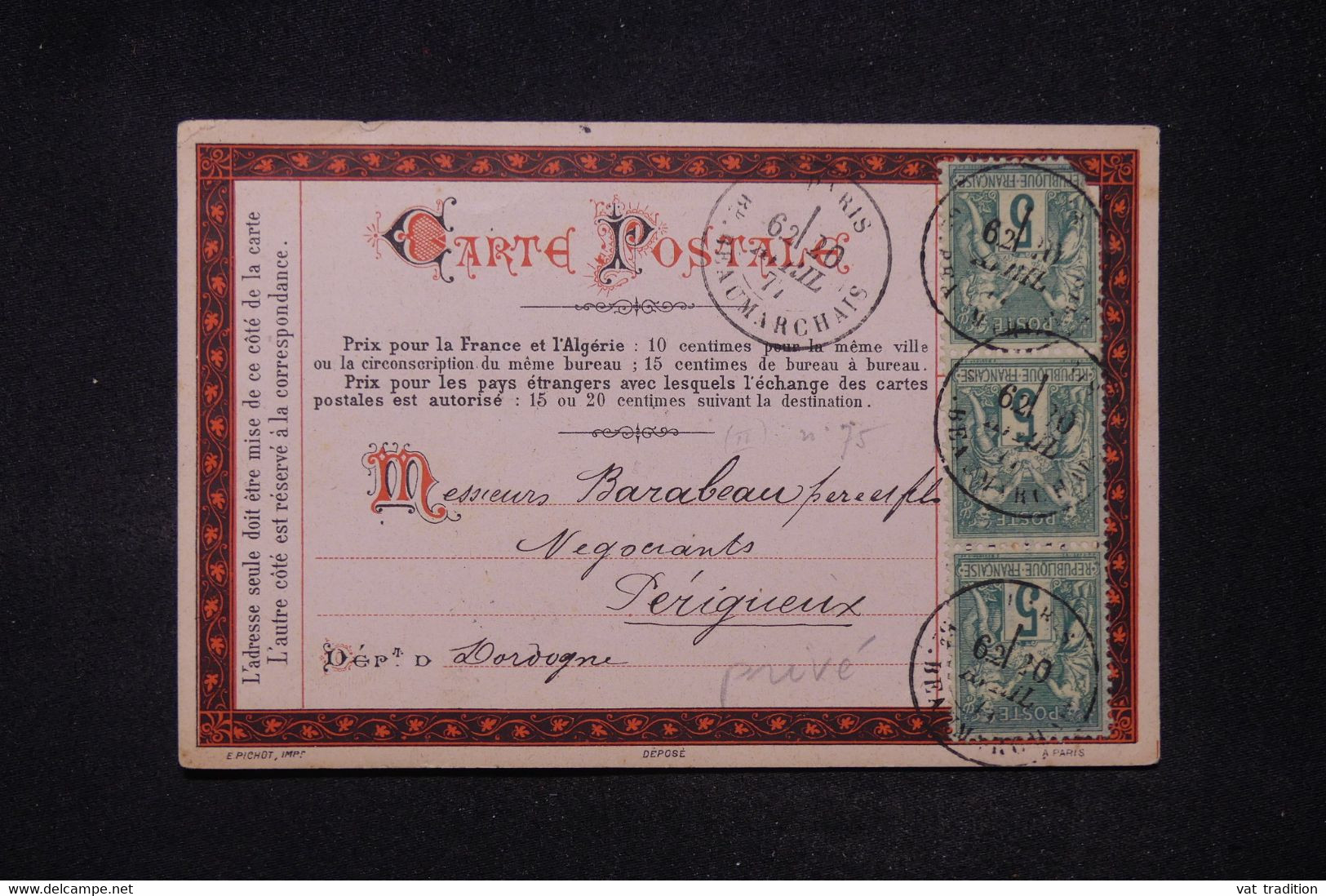 FRANCE - Carte Précurseur Commerciale Privée De Paris Pour Périgueux En 1877 Avec Sage 5ct En Bande De 3 - L 116597 - Vorläufer