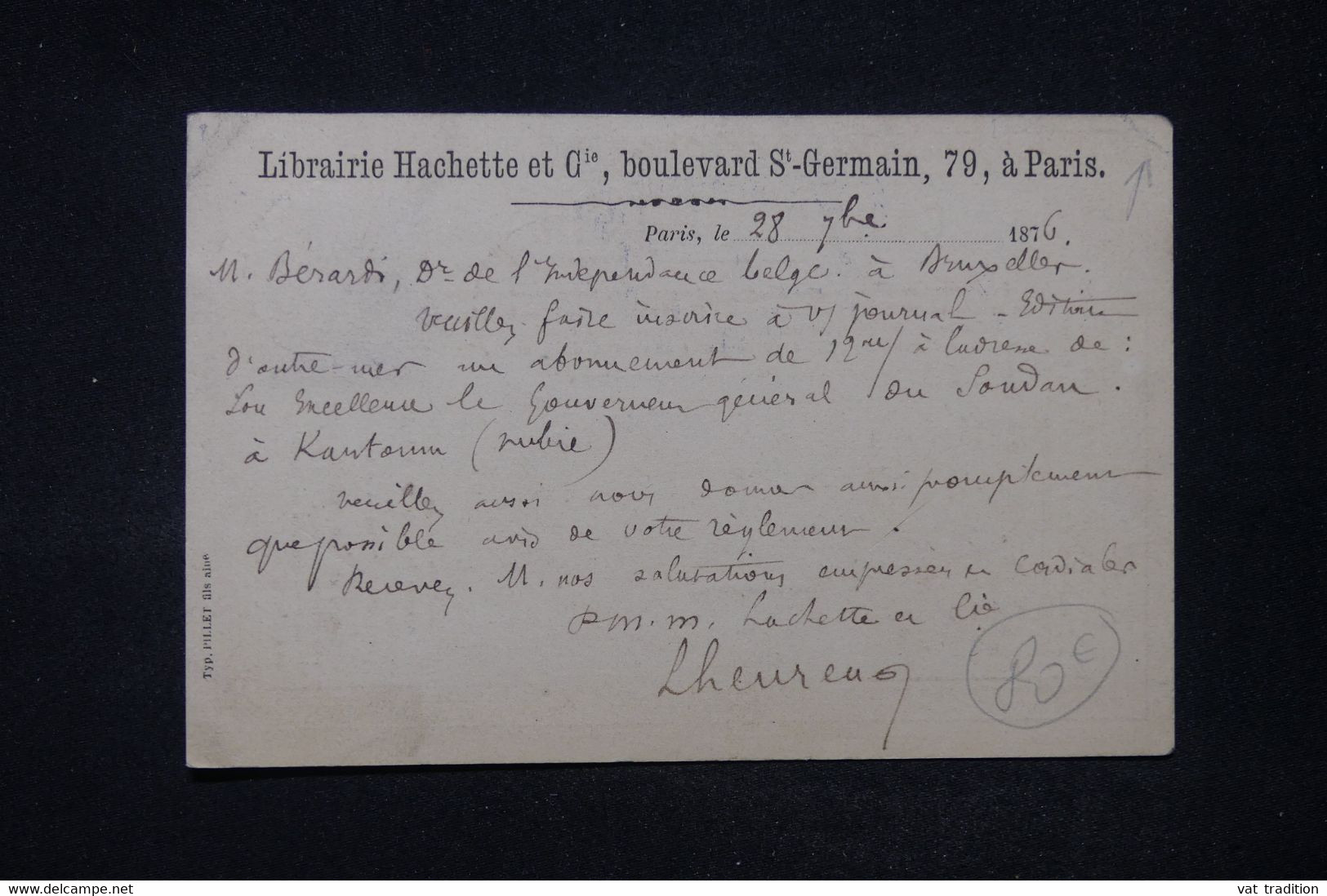 FRANCE - Carte Précurseur Avec Repiquage Commercial ( Hachette ) Au Dos, De Paris Pour Bruxelles En 1876 - L 116599 - Vorläufer